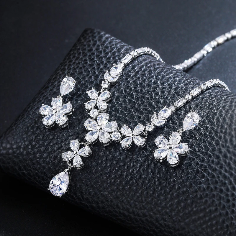 WEIMANJINGDIAN Brand New Arrival Rhodium Silver Plated Flowers Cubic Zirconia Crystal Wedding Bridal Jewelry Set