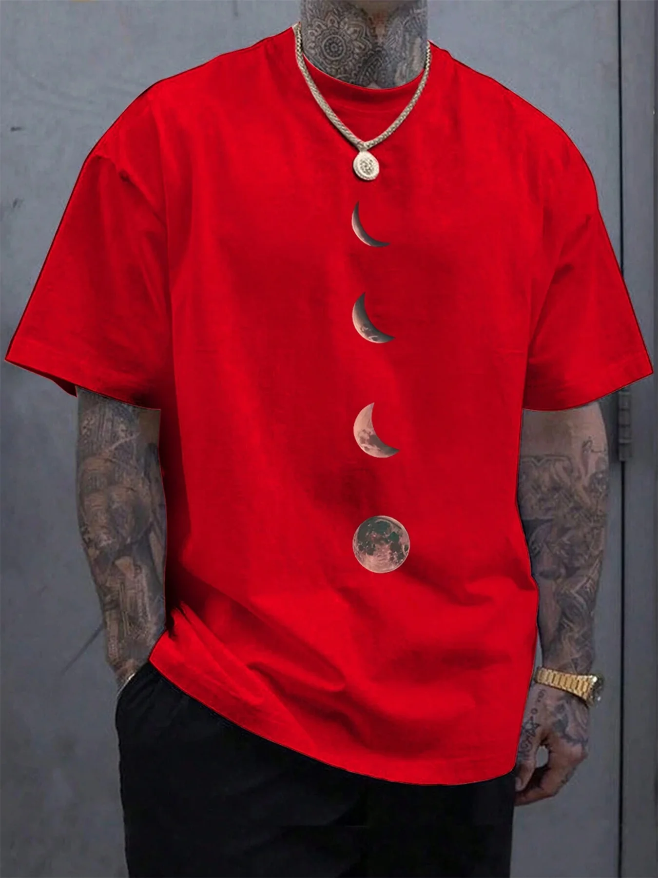 Summer men's 100% pure cotton casual loose size Moon Pattern printed sports comfortable round neck short sleeved T-shirt top