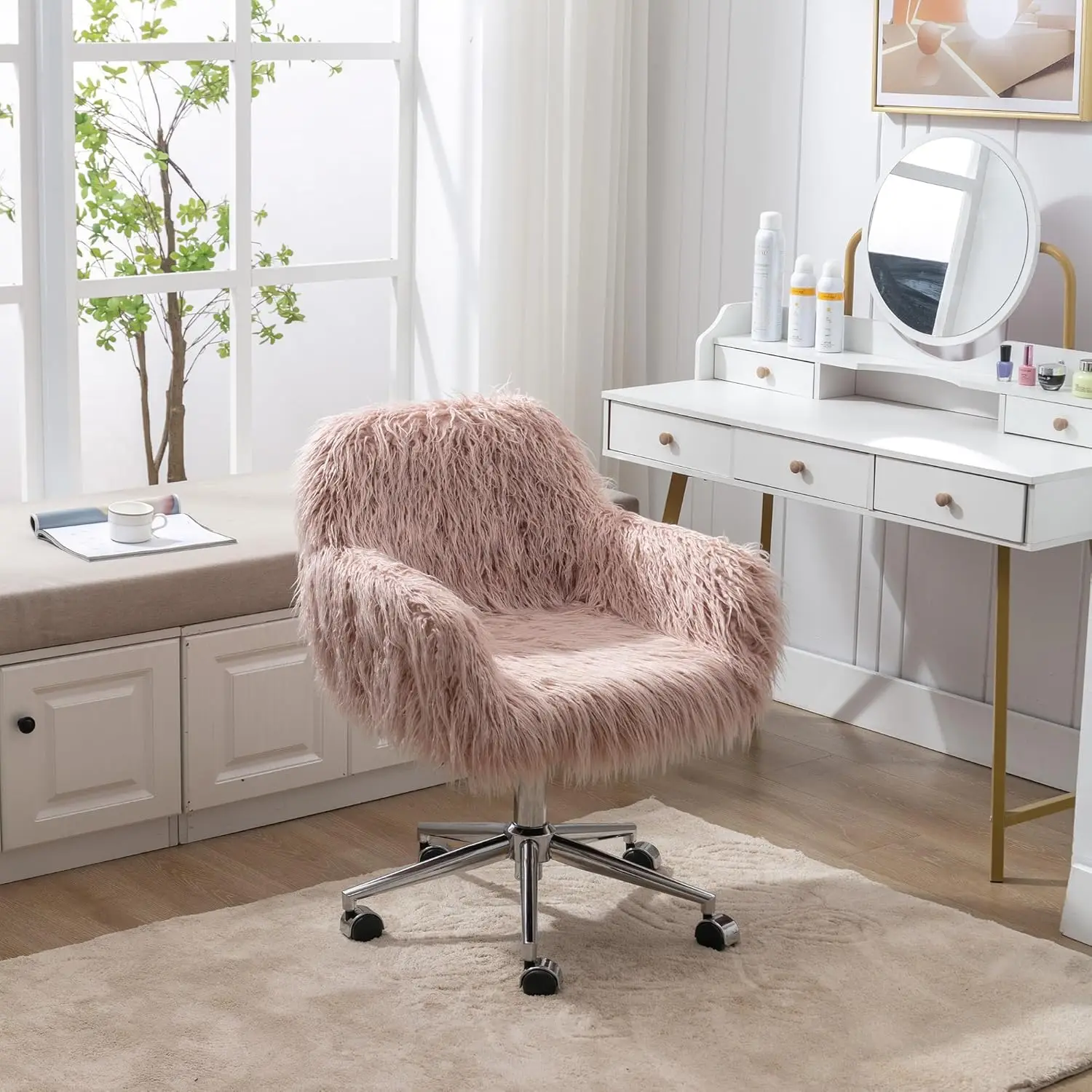 Fluffy Desk Chair, Faux Fur Furry Home Office Chair, Fuzzy Swivel Armchair with Wheels, Height Adjustable Silver Base , Pink