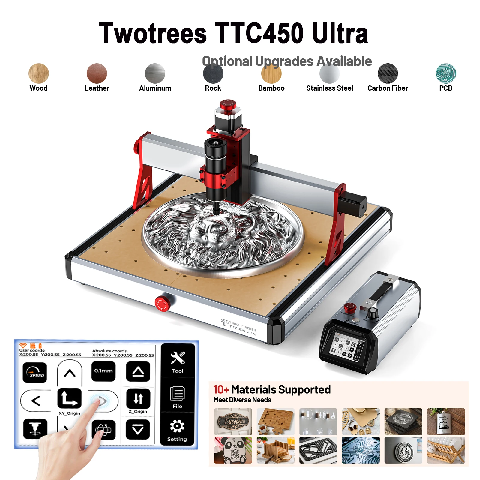 TWOTREES TTC450 Ultra 460x460x100mm CNC Machine 2-en-1 Laser gravure routeur Table pour bois pierre aluminium MDF papier