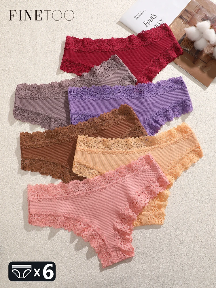 FINETOO 6 Stück Baumwoll-Spitzen-Tangas für Damen, sexy, niedrige Taille, gestreifte Unterwäsche, atmungsaktiv, 12 einfarbige G-String, bequeme Dessous