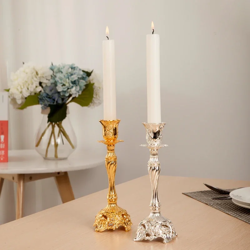 European Vintage Embossed Home Tabletop Decor Shiny Silver Gold Plating Metal Alloy Stick Candle Holders Pair