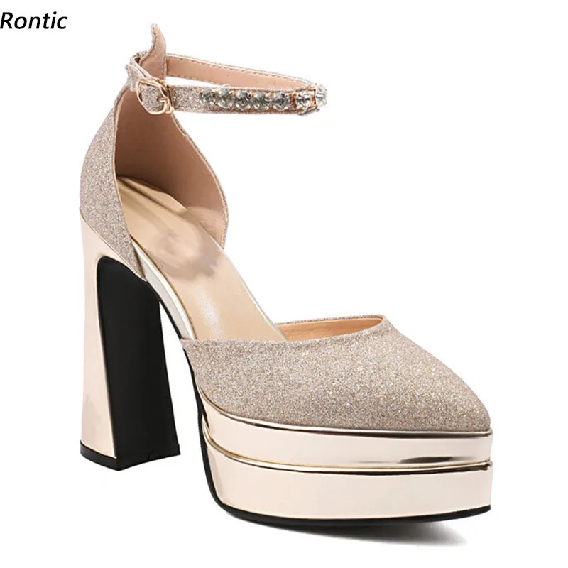 

Rontic New Arrival Women Spring Pumps Ankle Strap Strange Heels Pointed Toe Beautiful Gold Silver Party Shoes US Size 3-10.5