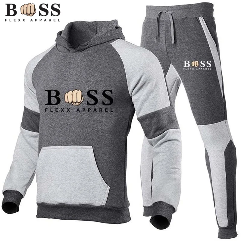 2023 Spliced Colored Men\'s Hoodie Two Piece Running Sports Hoodie Pullover Sweater Set S-3XL