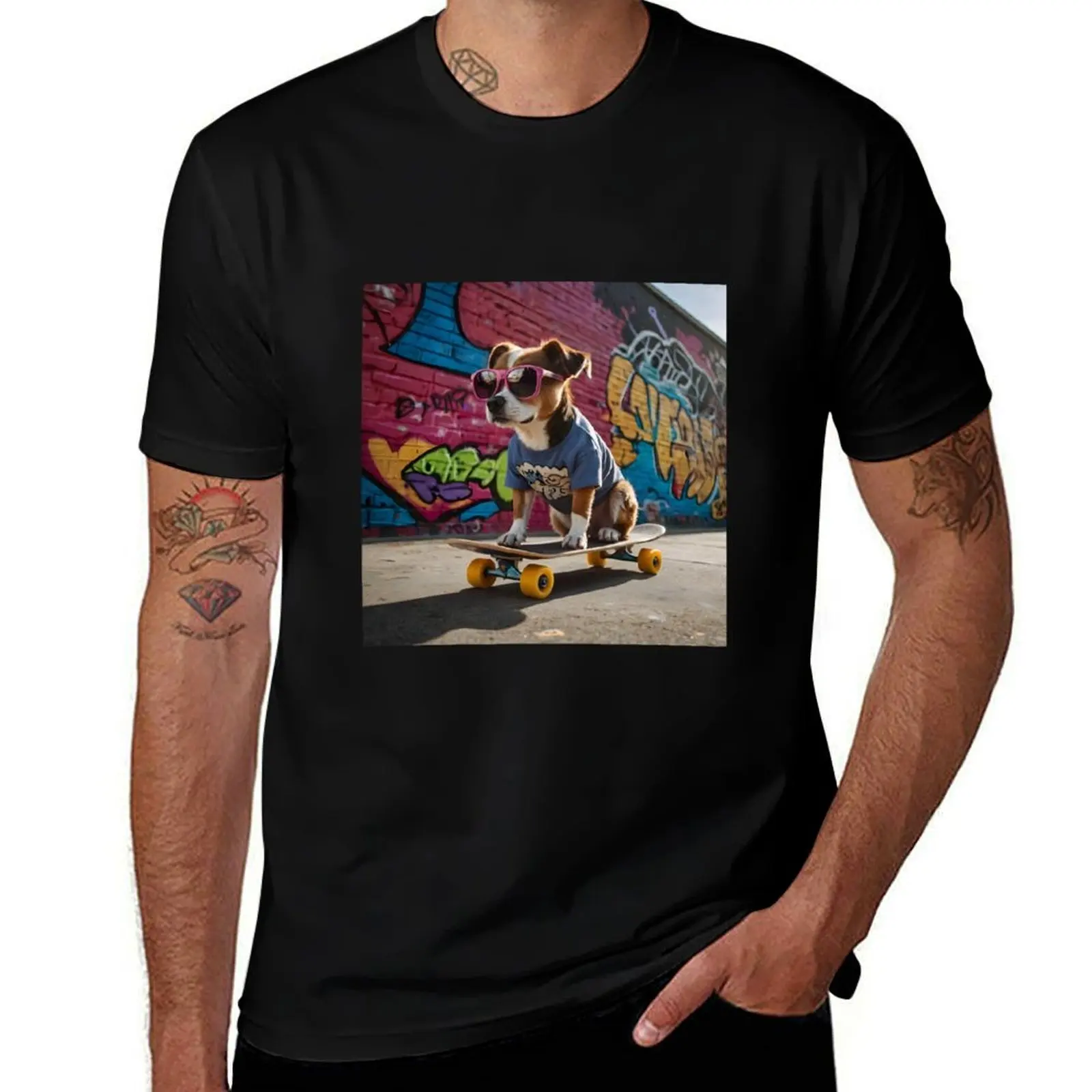 

Colorful Dog on Skateboard Urban Street Art Style with Graffiti Wall and Sunglasses T-Shirt luxury t-shirt Short sleeve tee men