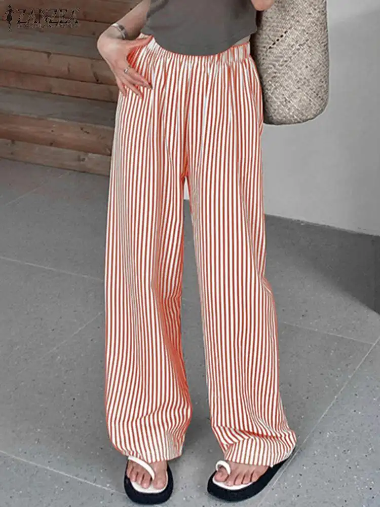 ZANZEA 2024 Korean Stripes Straight Pants Women Fashion High Waist Wide Leg Trousers Summer Casual Elastic Waist Loose Pantalon