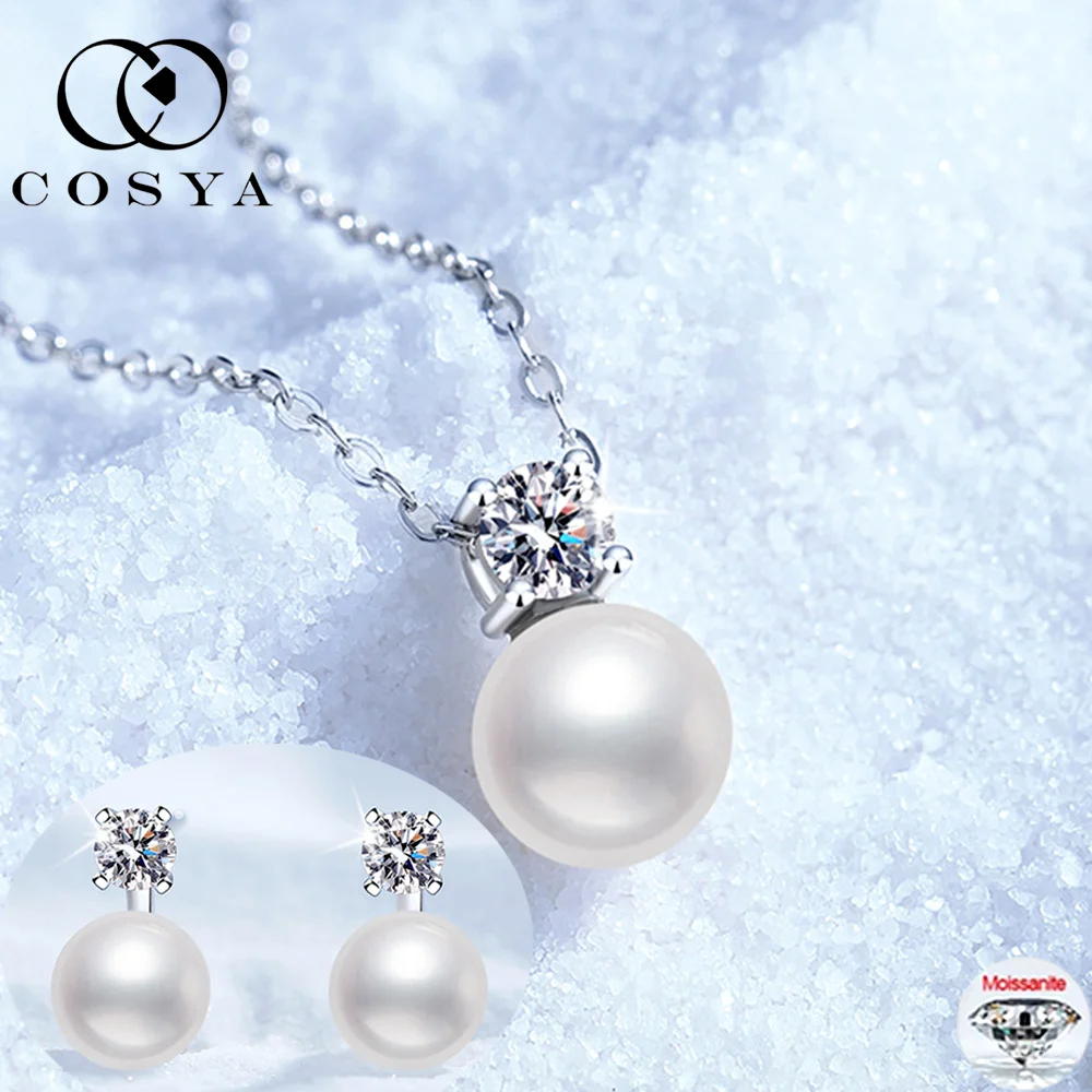 

COSYA 100% серебро S925 муассанит ожерелье/серьги для женщин D VVS1 лабораторный бриллиант кулон с пресноводным жемчугом ювелирные изделия подарок GRA