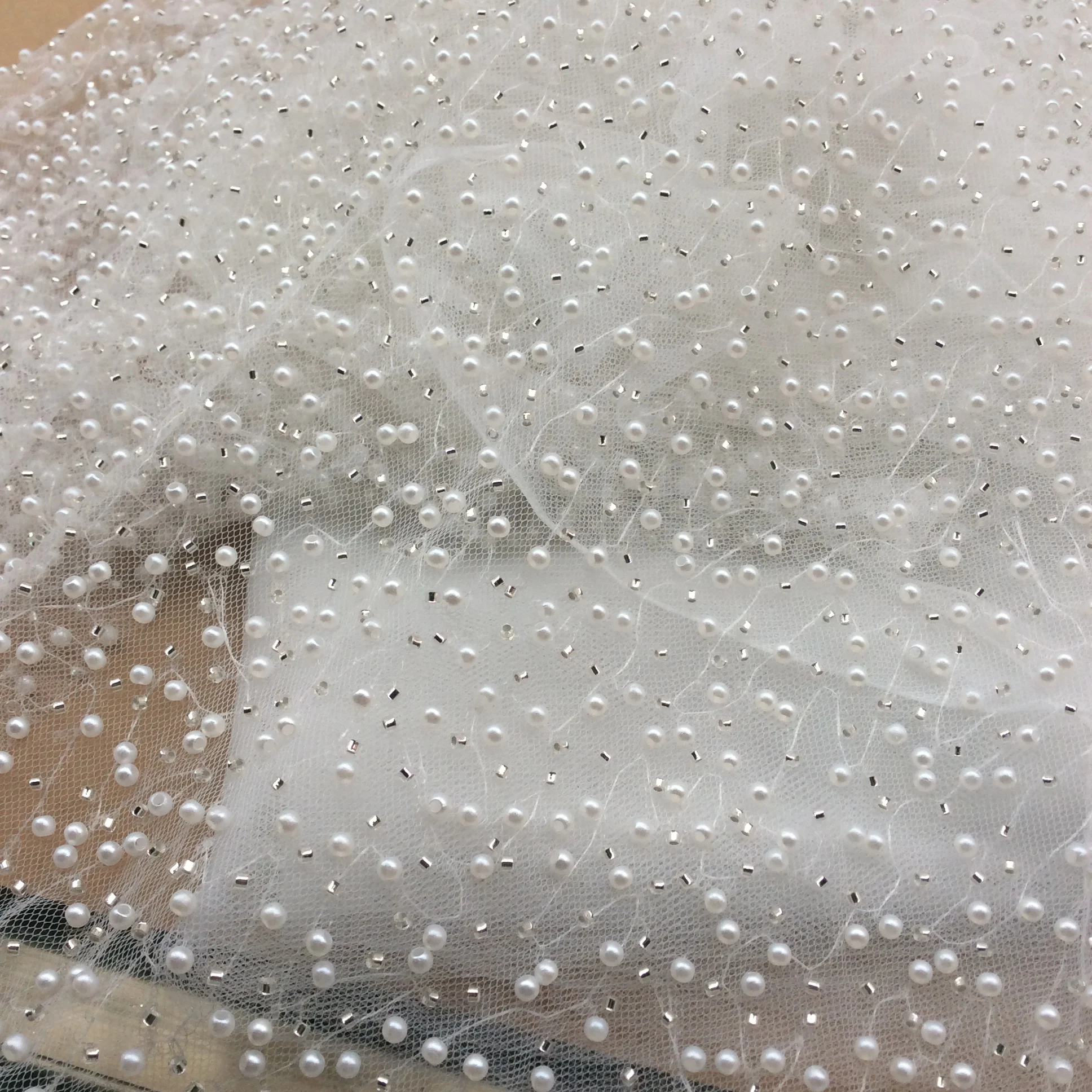 1Yard Luxury Pearls Beading Tulle Mesh Fabric Wedding Dress Gown Veil Sewing Fabric Lace Fabric