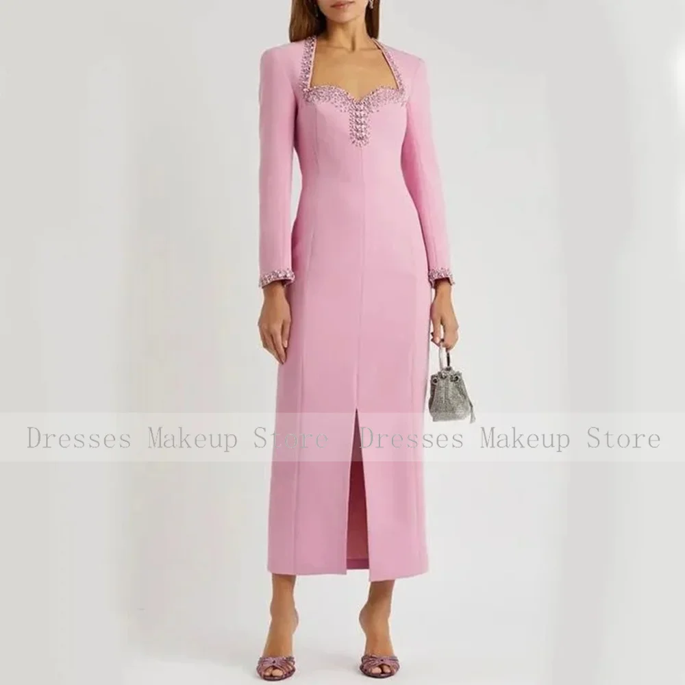 Rhinestone Special Occasion Dresses Midi Column Sweetheart Prom Gowns for Women 2024 Long Sleeves Tea Length Party Dress Pink