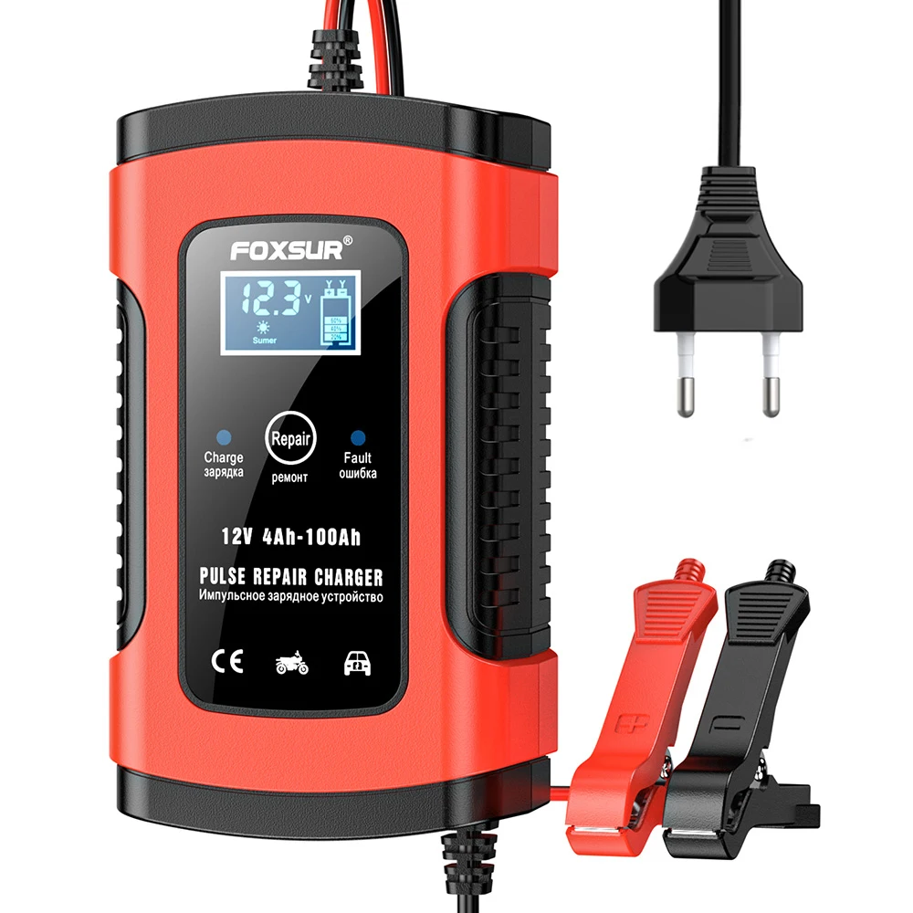 FOXSUR 12V 5A Automatic Car Battery Charger Power Pulse Repair Chargers Wet Dry Lead Acid Battery Digital for SUV LCD Display