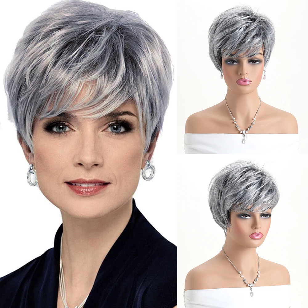 Short Natural Wigs with Bangs Soft Mommy Hair Daily Use Short  Grey Ombre Curly Synthetic Hair Costume Party Wig for Women image 3