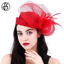 FS Bridal Wedding Red Hats Fascinators For Woman Church Cocktail Tea Party Sinamay Feather Veil Headdress Elegant Derby Cap 2024