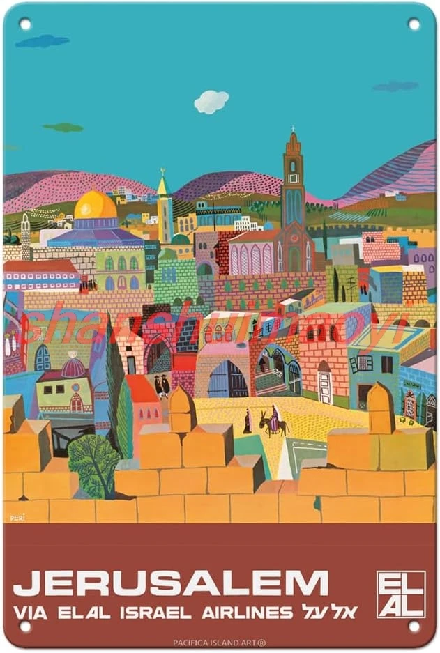 Pacifica Island Art Jerusalem Israel - via El Al Israel Airlines - Vintage Airline Travel Poster by Peri Rosenfeld c.1970s  sign