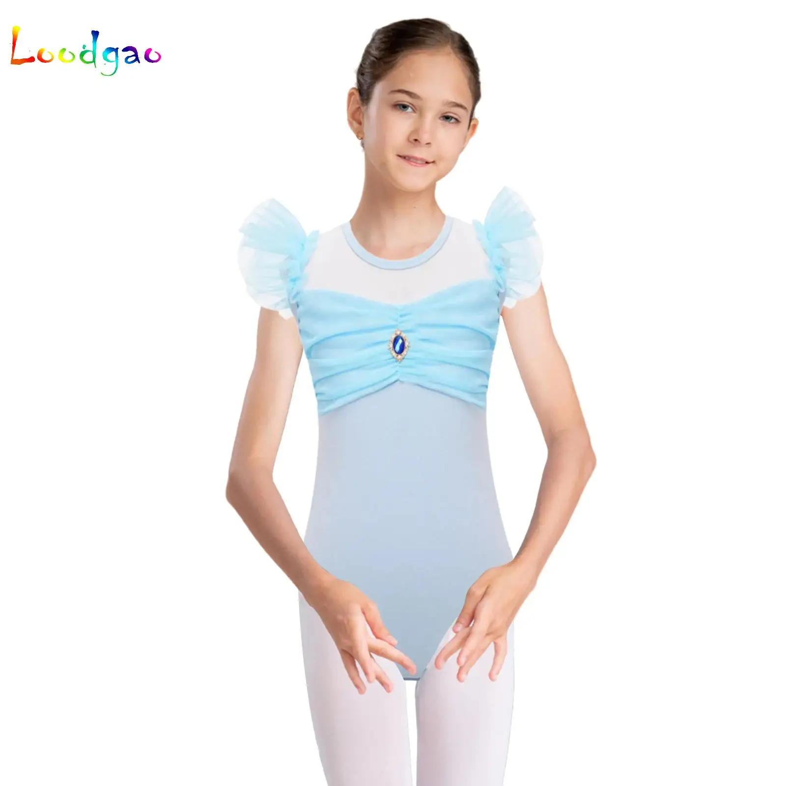 

Cute Child Girls Ballet Ruffle Sleeve Leotard Dancewear Ruched Mesh Cutout Gym Dance Bodysuit Tops Girls Dancer Fairy Costumes