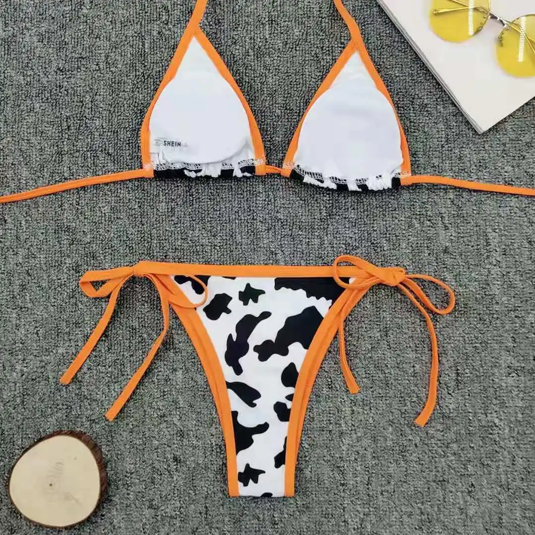 Sexy Bikini Women Orange Cow Print Swimwear Summer Push Up G-String Bikini Set Beach Bathing Suit Micro Swimwear Biquini 2022