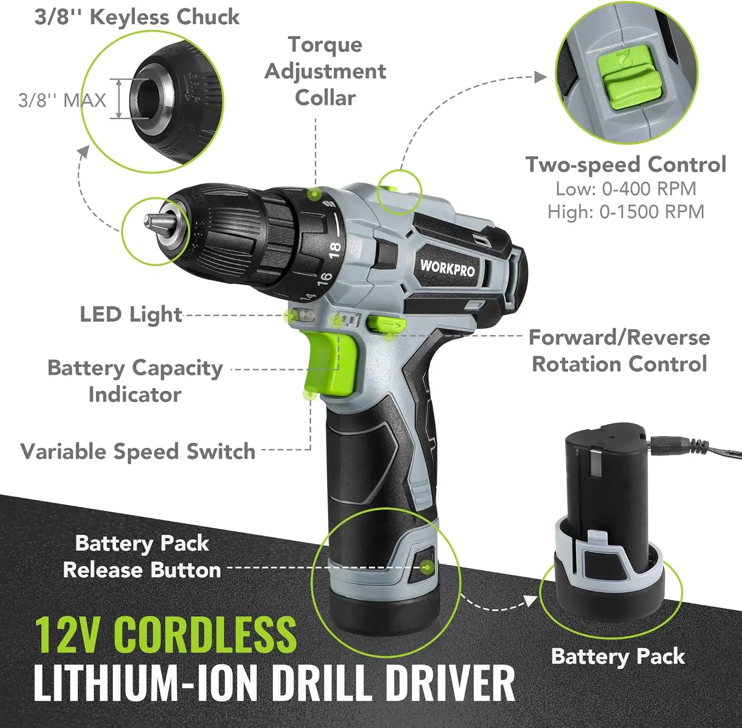 مجموعة أدوات الحفر اللاسلكية مكونة من 108 قطعة مع بطارية 12 فولت، وسرعة متغيرة وظرف بدون مفتاح لمشاريع المنزل اليدوي