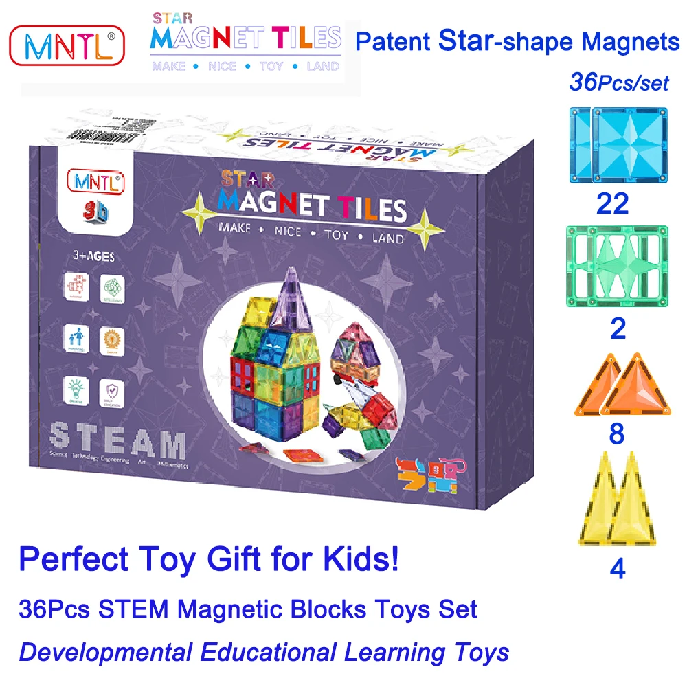 MNTL-juguetes magnéticos educativos para niños pequeños, bloques de construcción de desarrollo STEM, azulejos magnéticos, ladrillos de construcción, regalo para bebés, 36 piezas