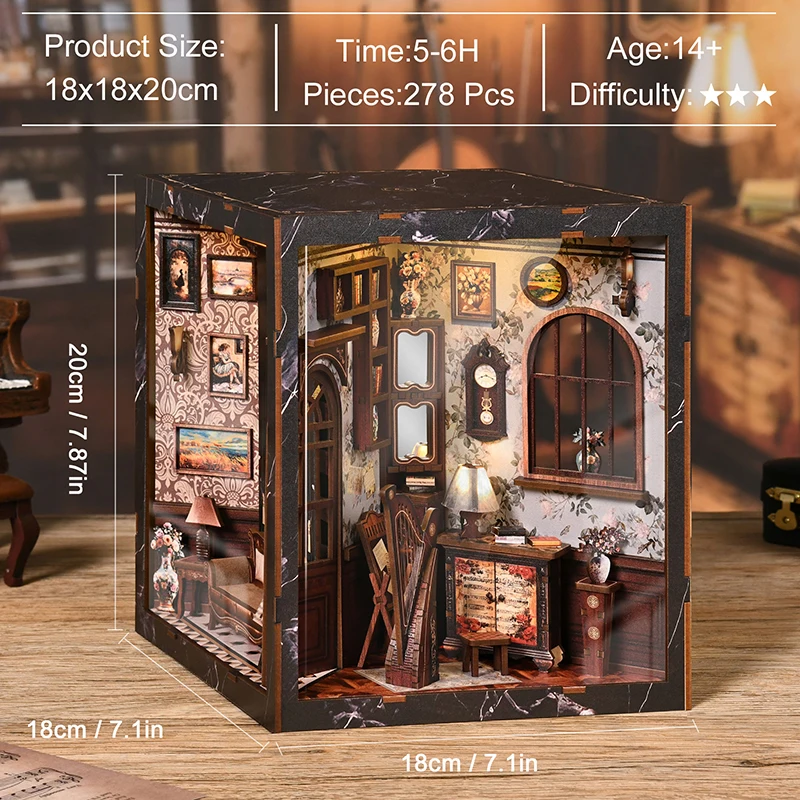 Vintage Europäischer Musikraum DIY Buchnischen-Set mit Cello Klavier LED-Licht 3D Holzpuzzle Kreatives Geschenk für Musikliebhaber