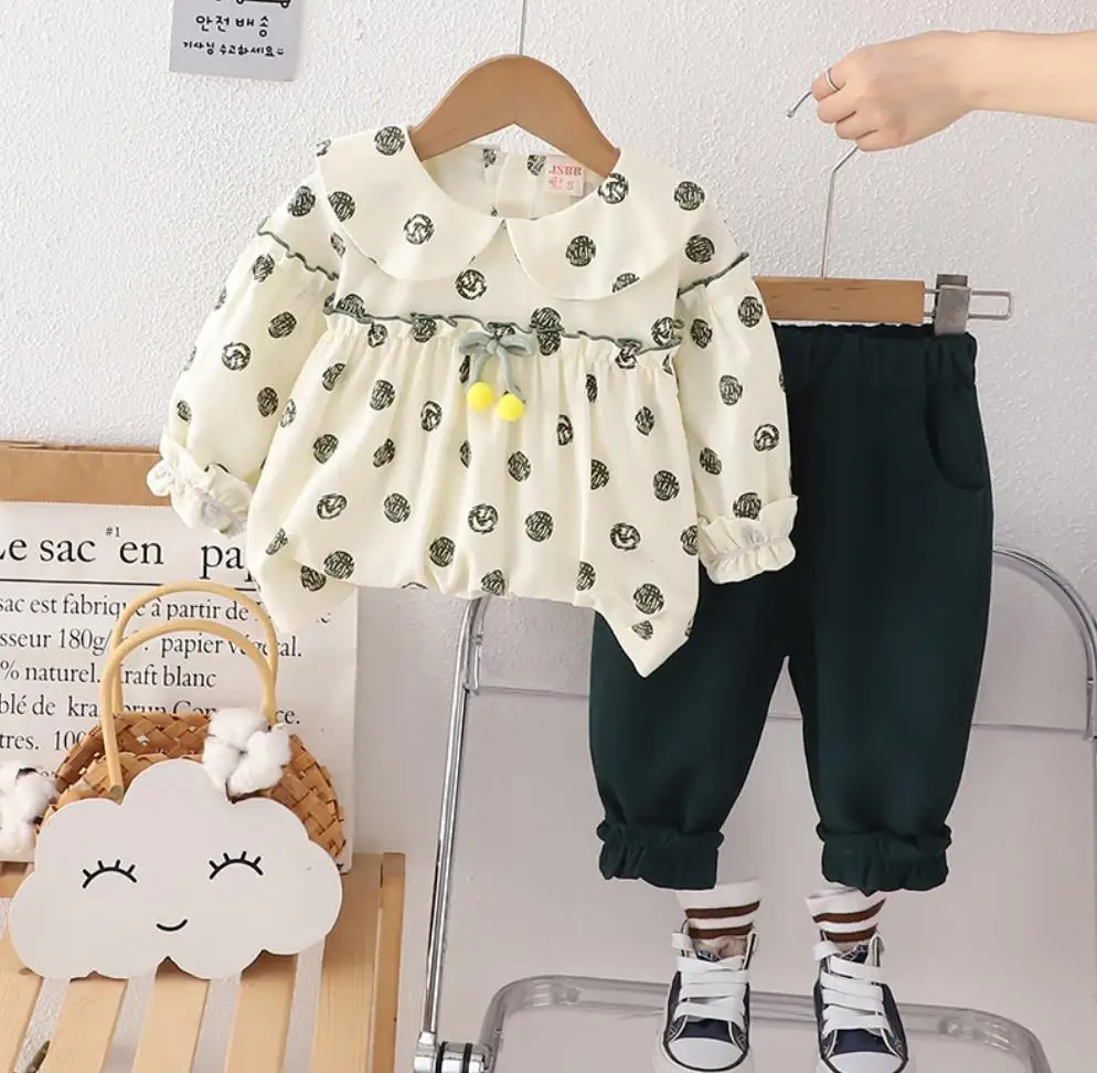 Korean Style Girls Sets 1 To 2 Years Baby Clothes for Kids Cute Doll Collar Print Bow Long Sleeve T-shirts+Pants 2Pcs Outfits