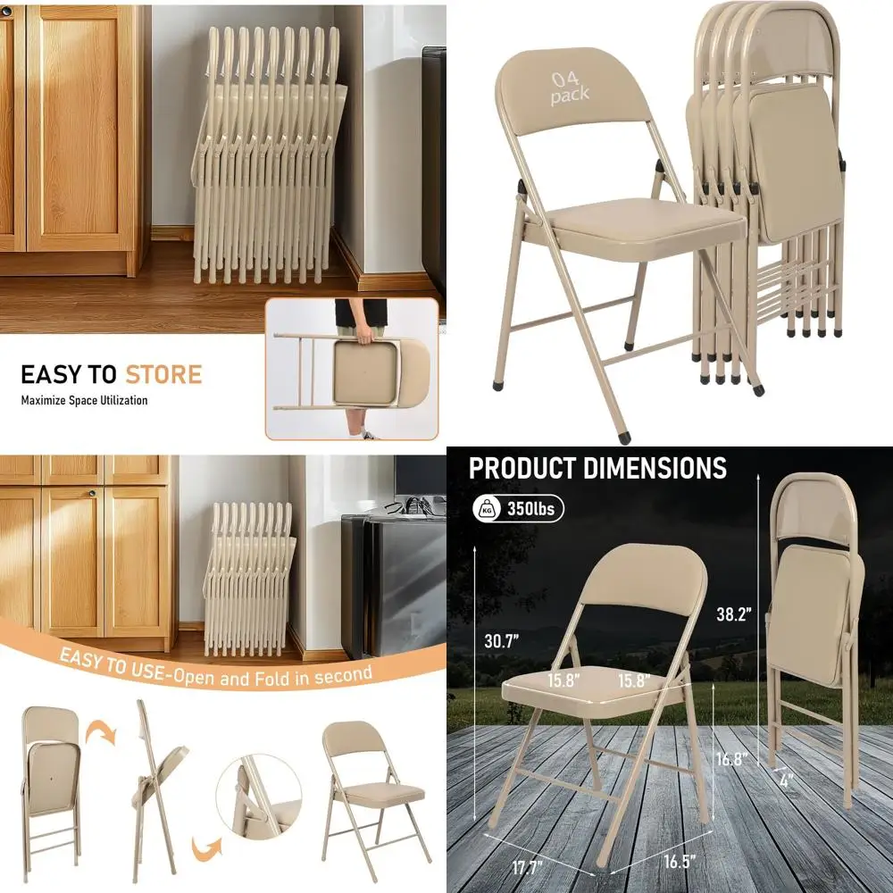 

Набор складных стульев цвета хаки с мягкой обивкой - 4 штуки, портативные, штабелируемые, для использования в помещении и на улице, идеально подходят для мероприятий, вечеринок, офиса, свадеб