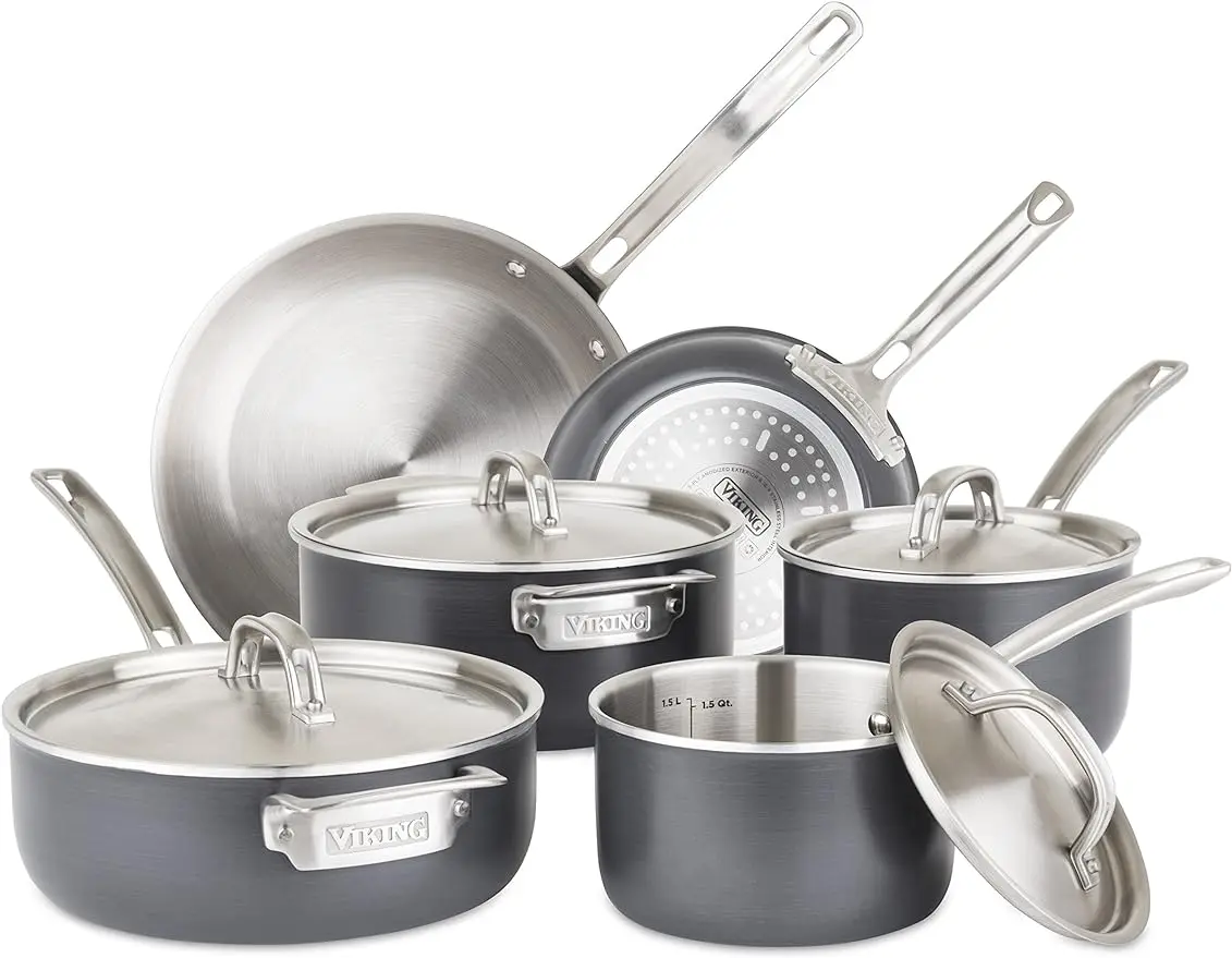 

Viking Culinary 5-Ply Hard Stainless Cookware Set, 10 Piece, Hard Anodized Exterior, Dishwasher, Oven Safe,