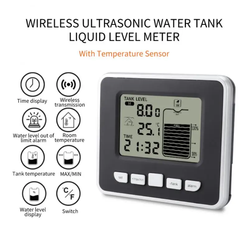 

Ultrasonic Wireless Water Tank Liquid Depth Level Meter Sensor with Temperature Display with 3.3 Inch LED Display