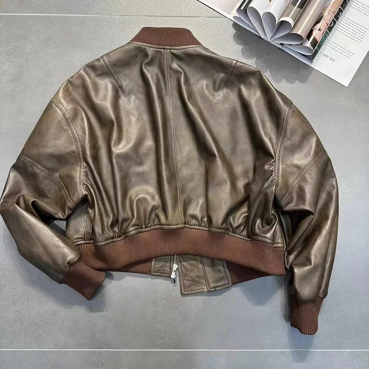 Cropped Leather Bomber Jacket For Women 2024 Winter European Old Money Designer Female Distressed Sheepskin Short Coat Outwear