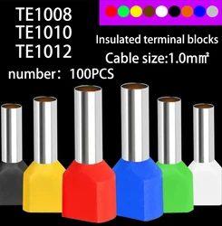 100PCS TE1008 TE1010 TE1012 ouble pipe 1.0MM² cold pressed end double line tube shaped insulated tubular terminal