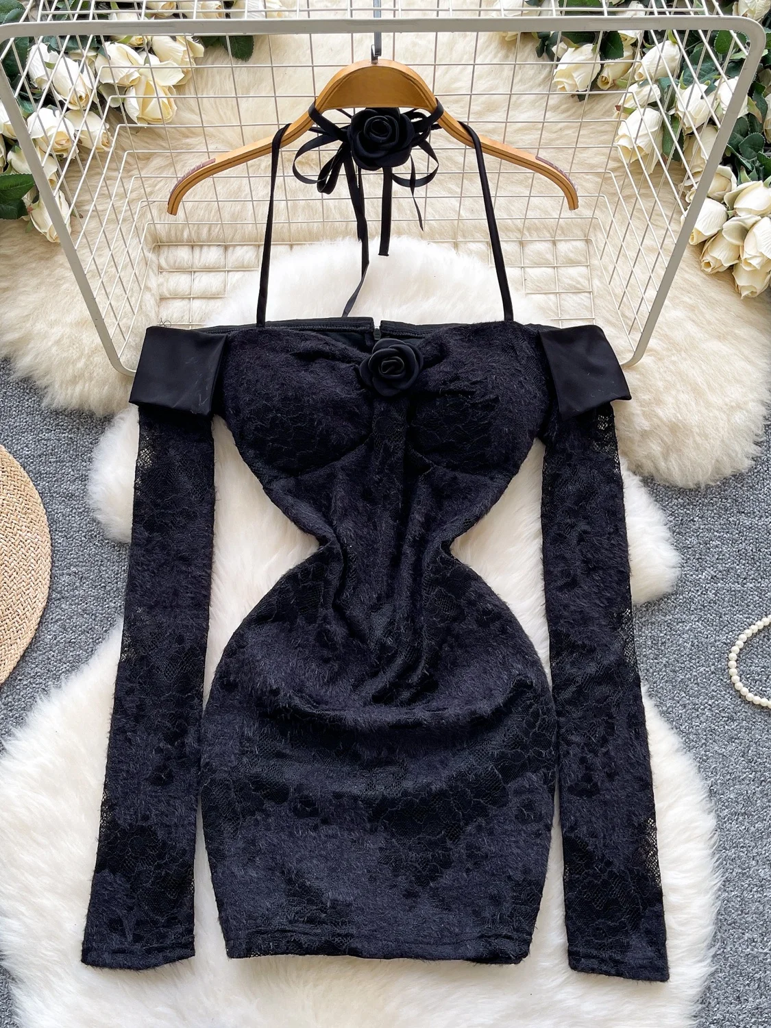 Pure Desire Sle Women's Dr One oulder Lace Trim Belted Slim Fit Bodycon Skirt High Waist Polyester Fiber Long Sve