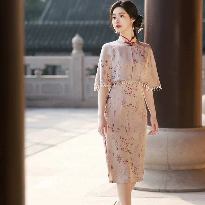 Qipao 2025 New Style Improved Youthful Temperament Spring and Summer Long Sleeved Shawl Set Elegant Dress