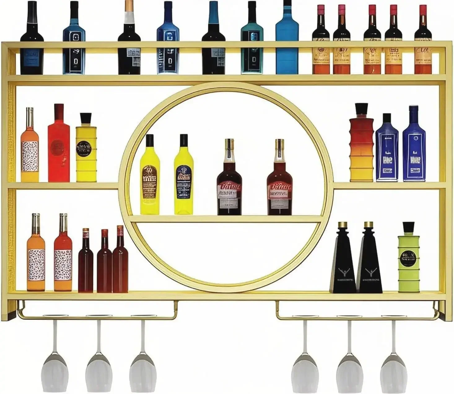Wine Rack Wall Mounted with LED Light, 3-Tier Metal Floating Bar Shelves Wine Glass Holder,
