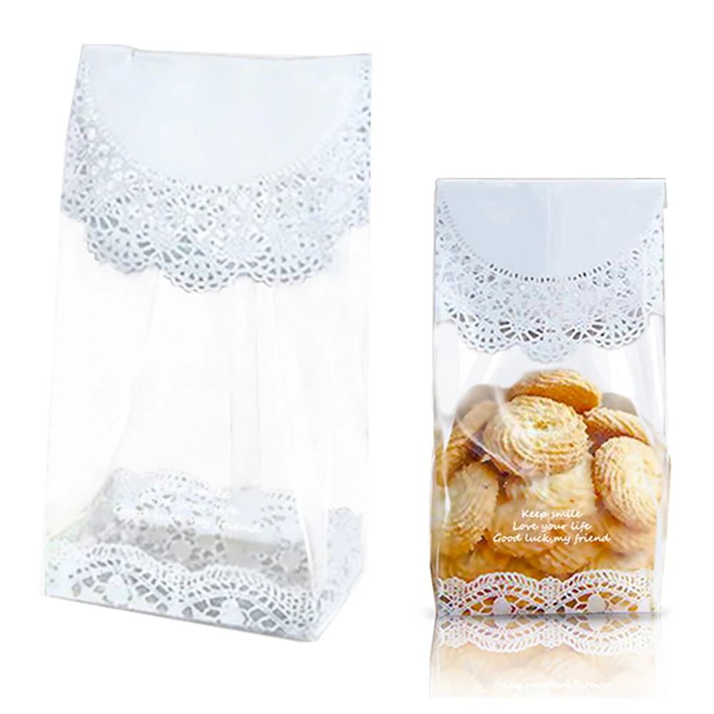 50pcs Lots Biscuit Bags White Lace Pattern Transparent for Storage Snack Goodie Candy Wedding Birthday Party Packaging Accessory