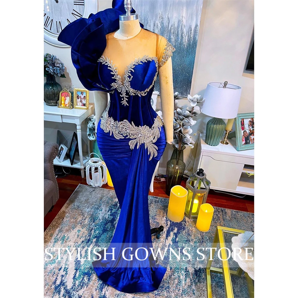 Robe de Soirée Longue et Transparente à Col Rond pour Fille Noire, Tenue de Bal, Sirène, Bleu Royal, avec Perles, pour ixd'Anniversaire, à Volants