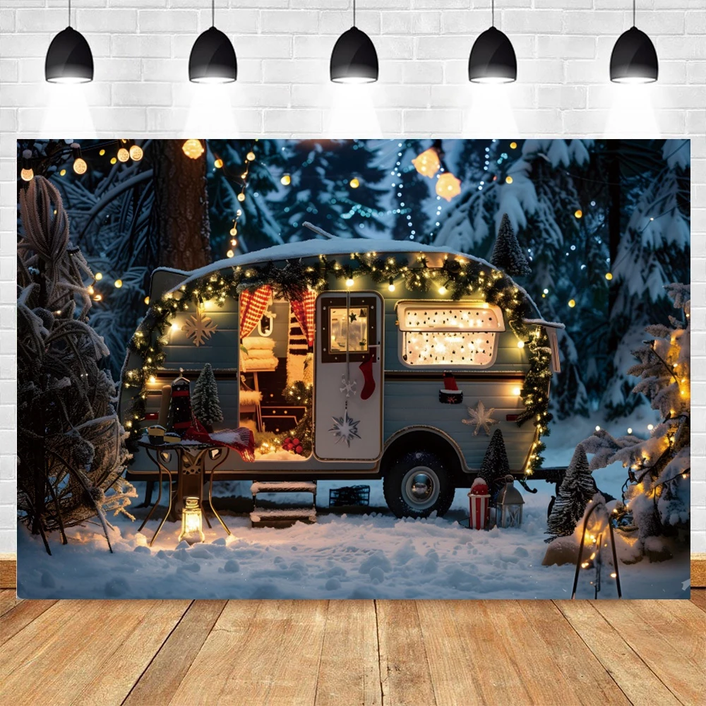 Winter Christmas Car Photography Background Camping Forest Snowy Bus Xmas Trees Kids Family Portrait Decor Backdrop Photo Studio