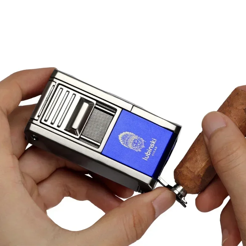 LUBINSKI Luxury Metal 3-in-1 Cigar Lighter High Firepower Windproof Butane Gas Lighter V-shaped Cigar Cutting Knife Men's Gift