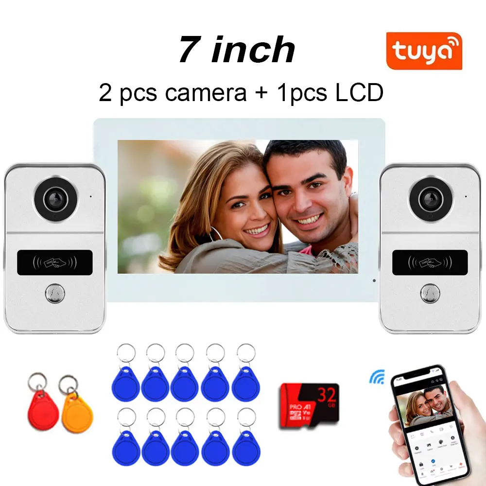 

4-проводная цифровая видеодомофонная система с 7-дюймовым беспроводным 5G Wi-Fi монитором, видеокамерой 1080P, видеодомофоном и разблокировкой через приложение Tuya