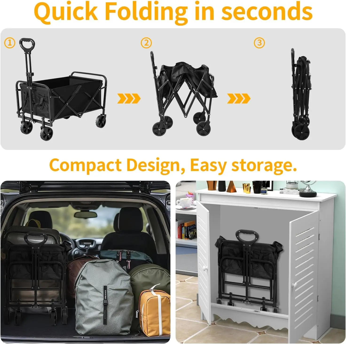 Klappwagen mit großem Fassungsvermögen für Strand, Sport, Einkaufen, Camping – robuster tragbarer Wagen mit 1 Jahr Garantie (Mattschwarz)