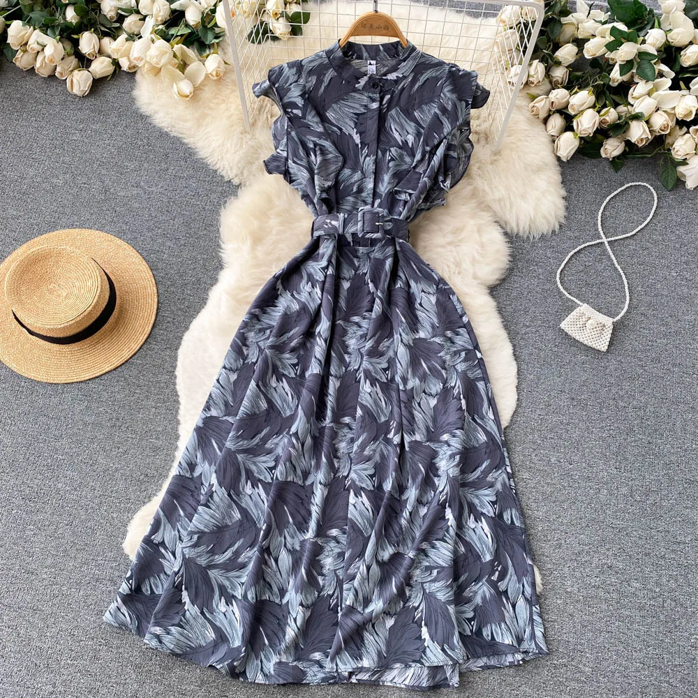 French Vintage Elegant Ruffle Print Dress  A-line Fashion Chiffon Spring Autumn Sleeveless Vestidos Women Belt Dresses