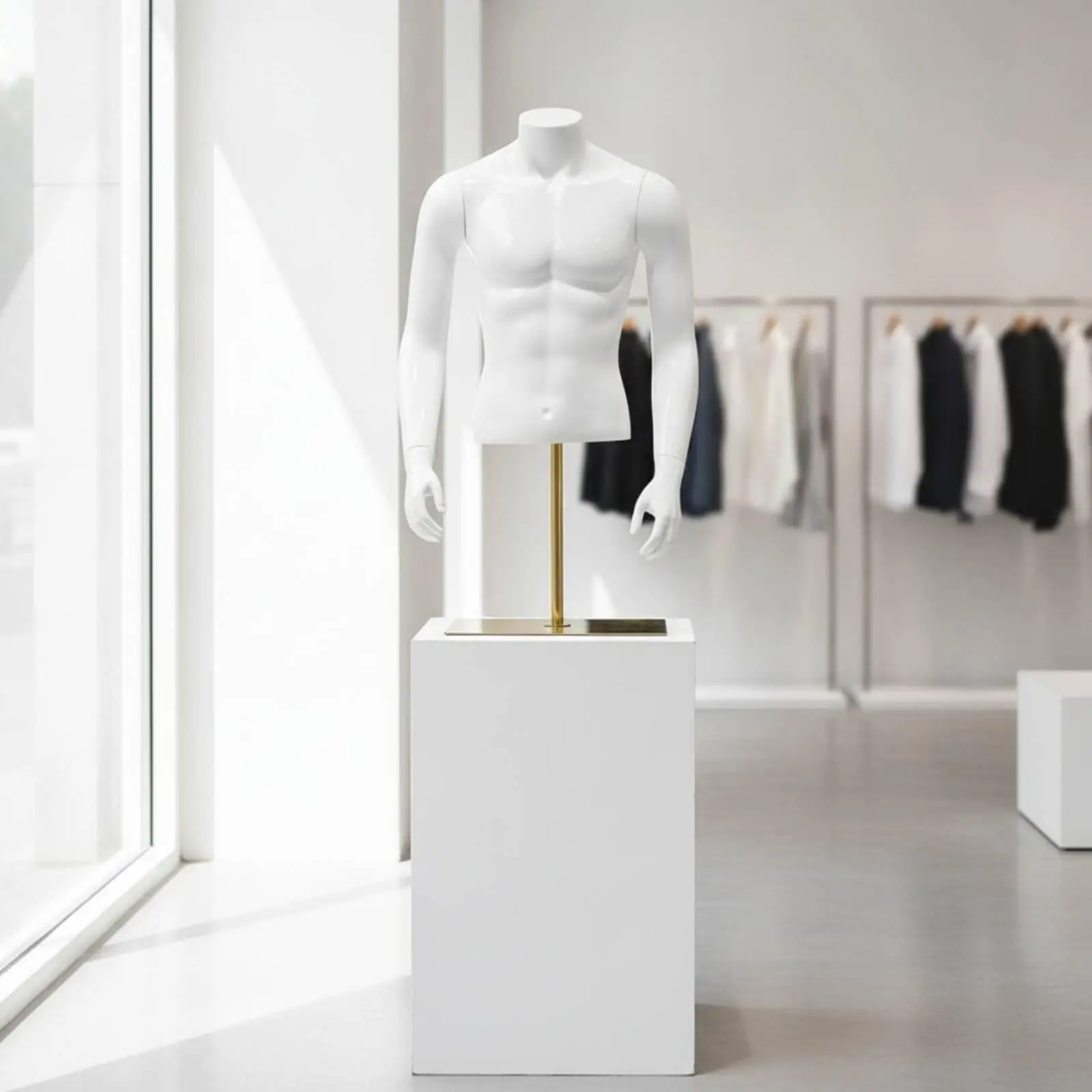 Professional Male Mannequin Display Stand with Defined Muscular Silhouette for Fashion Retail Window