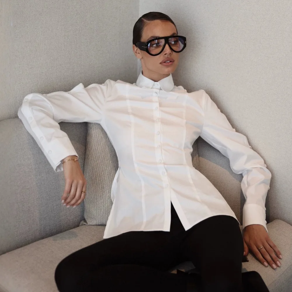 Shoulder Exposed Design Workplace Cotton Shirt Spring and Autumn Women's Trend Fit Soft Office Travel Music Festival Casual Top