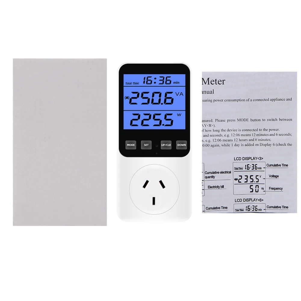 التيار المتناوب مقياس الطاقة المقبس 220 فولت الرقمية LCD Wattmeter الفولتميتر استهلاك واط مقياس الطاقة كيلووات ساعة وتكلفة عرض الاتحاد الأوروبي الولايات المتحدة المملكة المتحدة الاتحاد الأفريقي FR BR