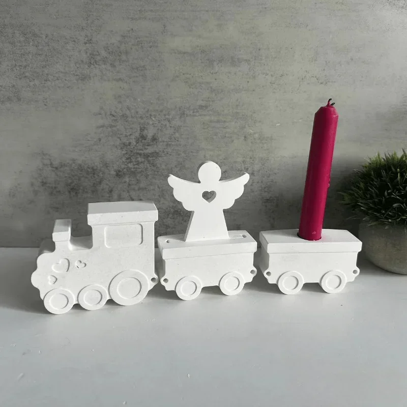 Fuuny Train Ornament Candle Holder Silicone Mold Locomotive Candlestick Plaster Molds Train Box Plug-in Concrete Plaster Mould