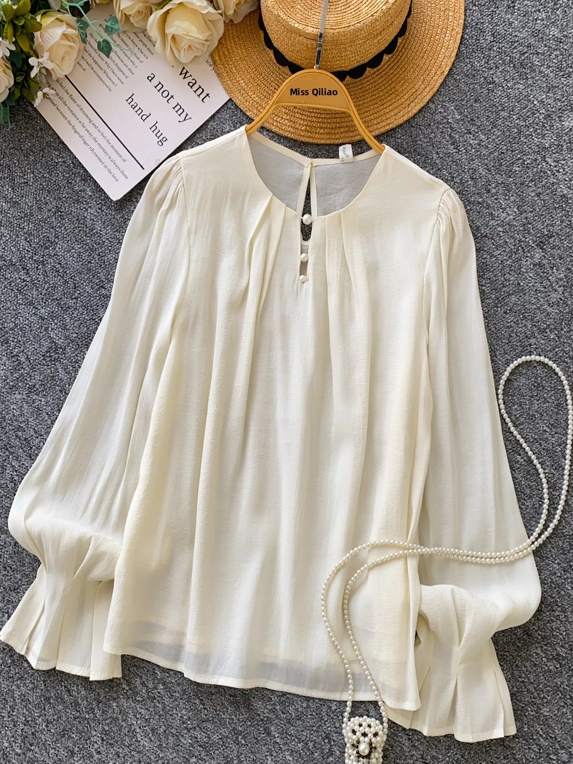 

Ele Heavy Embellied Long Sve женский шифоновый повседневный свободный базовый слой топ в Корейском стиле для поездок на работу и ветер