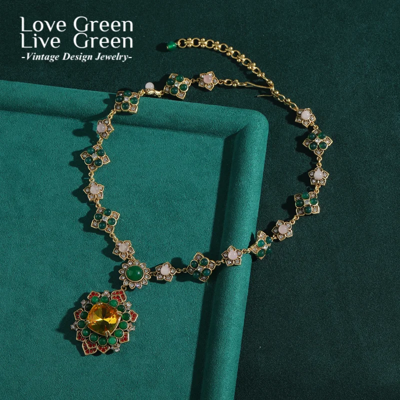 

Vintage Green Glaze Pendant Necklace Crystal Pink Flower Accessories Luxury Quality Women'S Jewelry Designer Valentine Day Gift