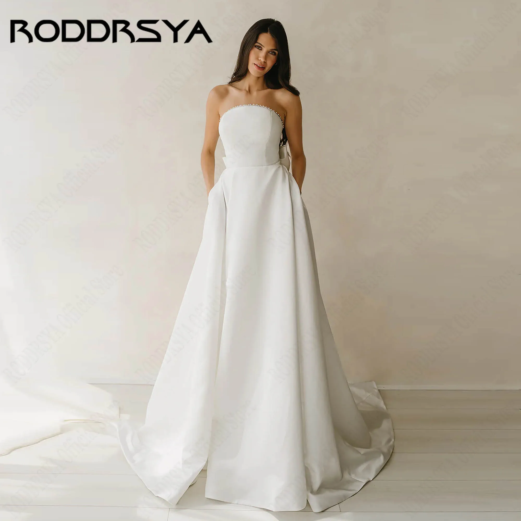 RODDRSYA Vestido de novia sin tirantes con corte en A y lazo desmontable, elegante vestido de novia con perlas, vestidos de novia sencillos de satén personalizados