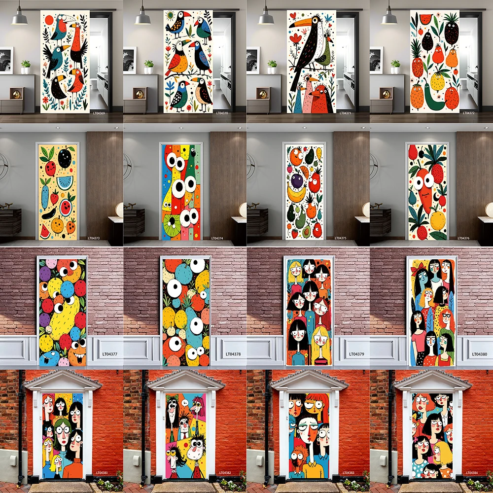 

Cute Cartoon Bird & Fruit Door Sticker Whimsical Kids Art Peel and Stick Self Adhesive Wallpaper Nursery Decor