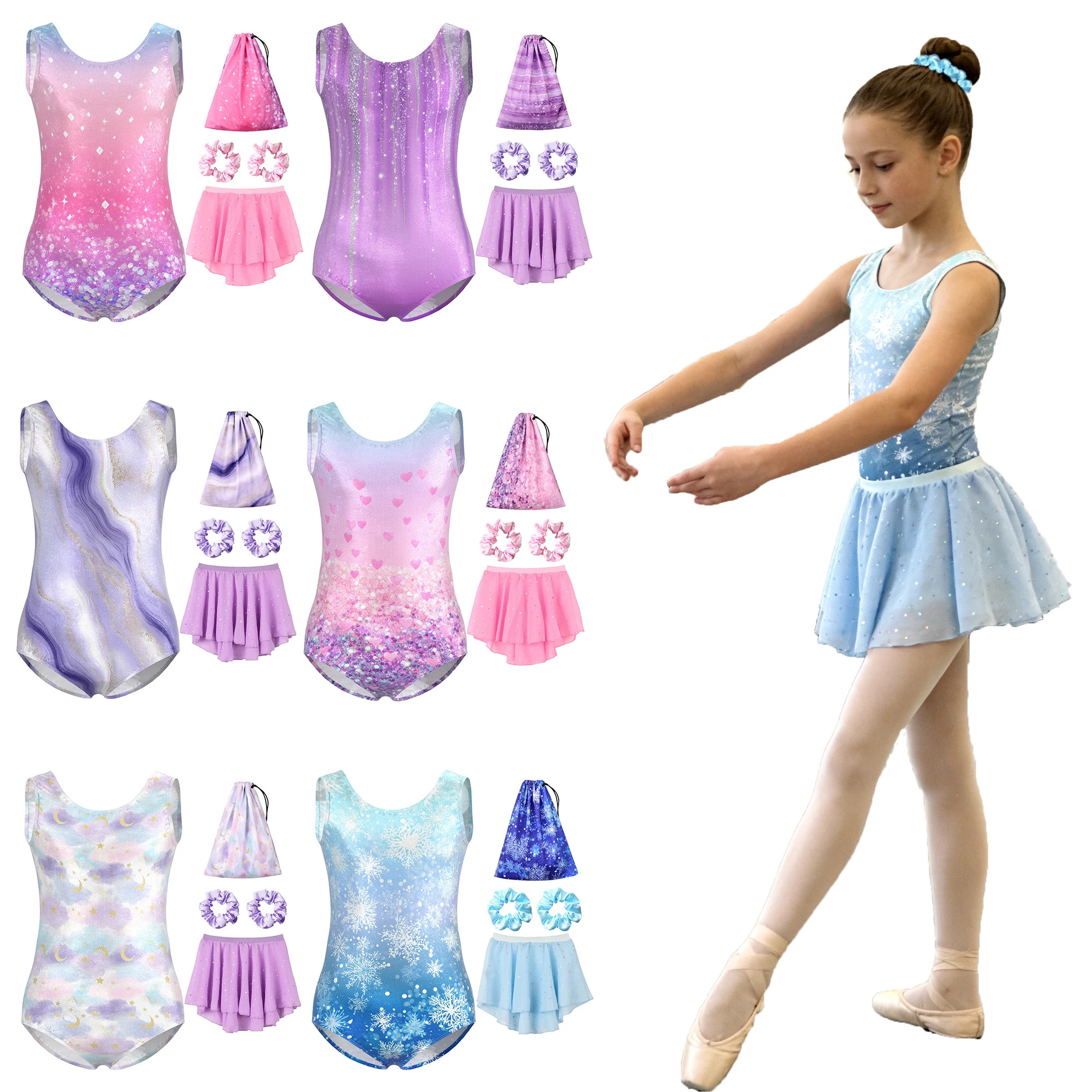 Leotardo de Ginástica para Meninas, Vestido de Dança de Ballet, Roupa de Acrobacia com Saia Removível e Bolsa de Armazenamento, 5-11 Anos
