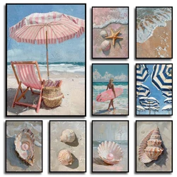 Trendy French Summer Surfer Girl Coastal Beach Umbrellas Pink Pearl Poster Canvas Painting Wall Art Picture Home Interior Decor