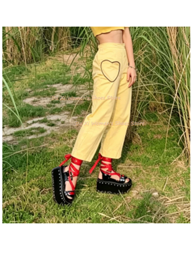 Songgao Shoes Japan Wooden Clogs Round Head Open Toes Waterproof Platform Rivet Decorative Heel Lace-up Summer Women's Shoes