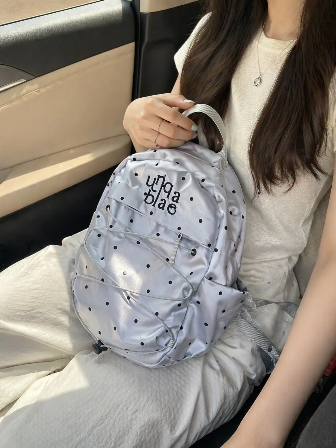 Sweet Millennium Silver Color Women's Backpack Drawstring Travel Bag Large Capacity Student Bookbag Polka Dot Universal Style